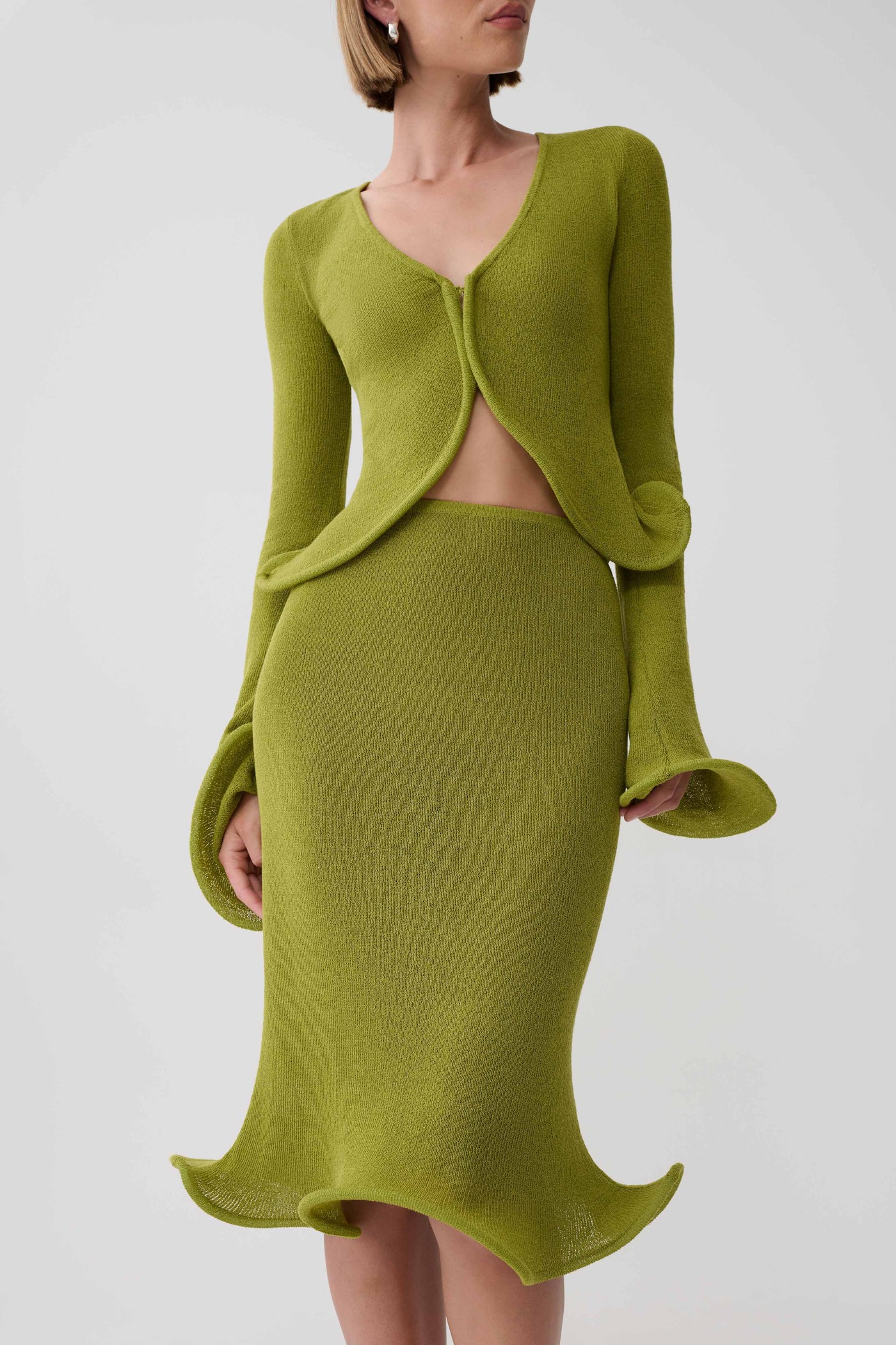 Gigi Knit Knee Length Skirt - Olive view 3