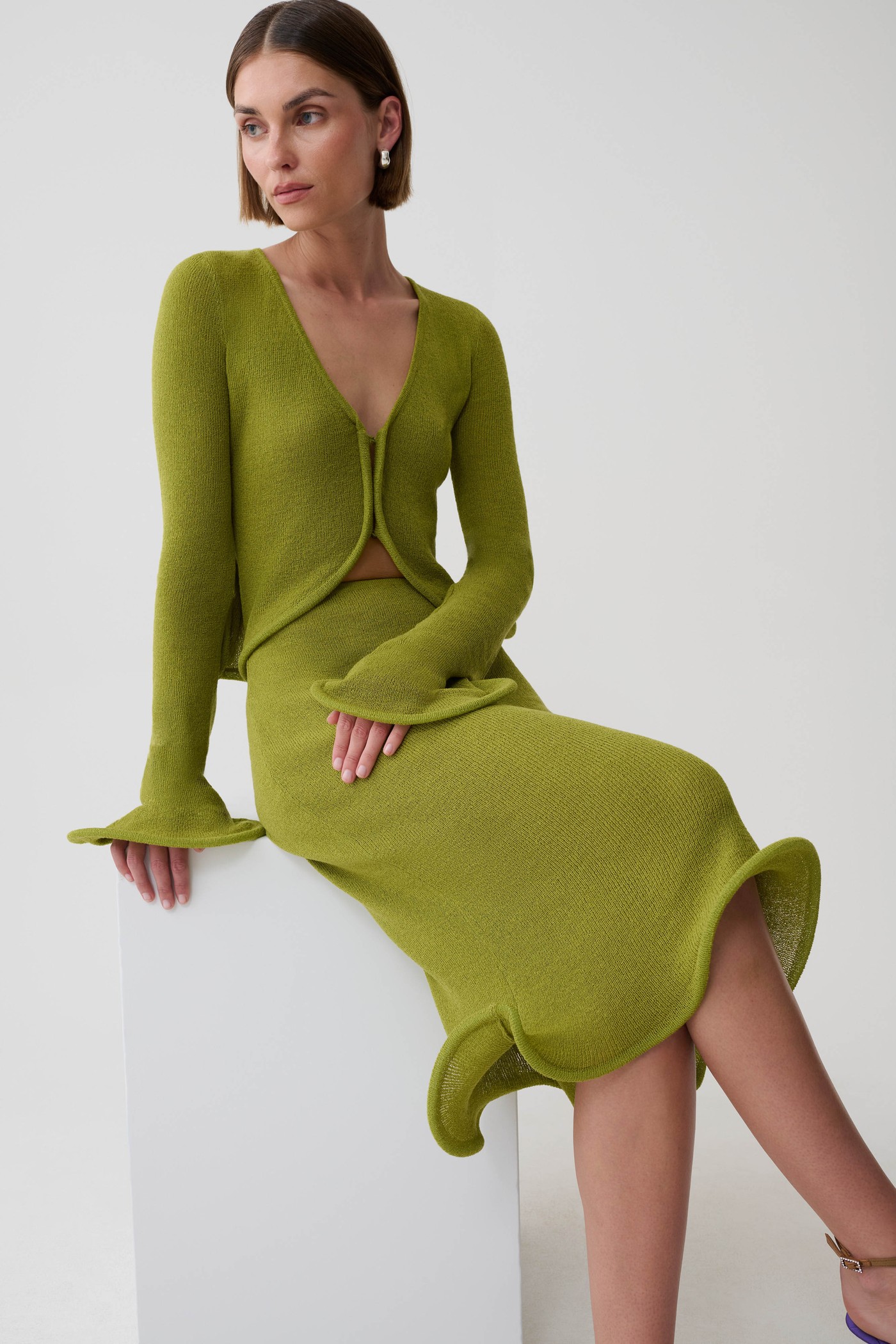 Gigi Knit Knee Length Skirt - Olive view 4