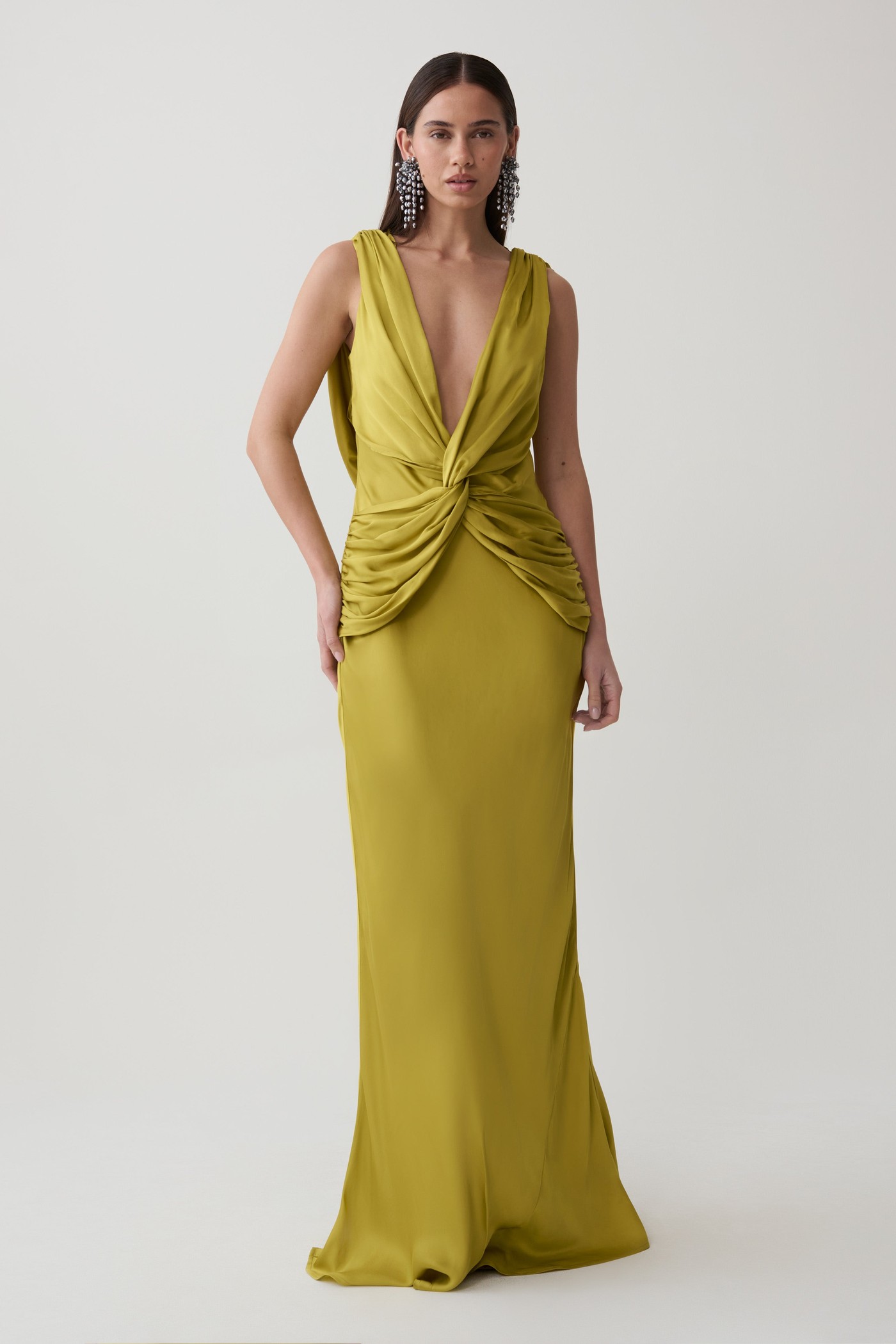 Fantina V Neck Satin Maxi Dress - Chartreuse view 4