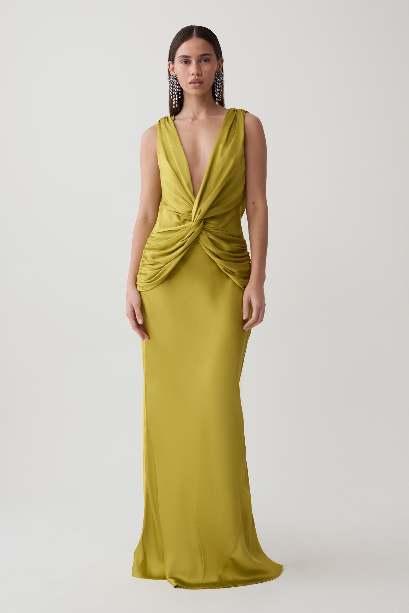 Fantina V Neck Satin Maxi Dress - Chartreuse